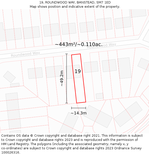 19, ROUNDWOOD WAY, BANSTEAD, SM7 1ED: Plot and title map