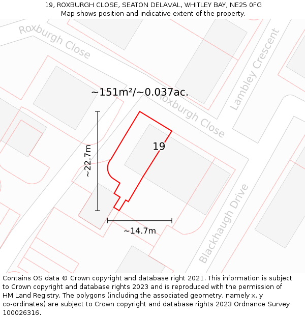 19, ROXBURGH CLOSE, SEATON DELAVAL, WHITLEY BAY, NE25 0FG: Plot and title map