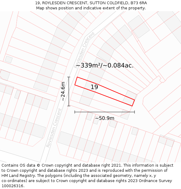 19, ROYLESDEN CRESCENT, SUTTON COLDFIELD, B73 6RA: Plot and title map