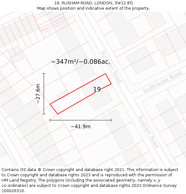 19, RUSHAM ROAD, LONDON, SW12 8TJ: Plot and title map