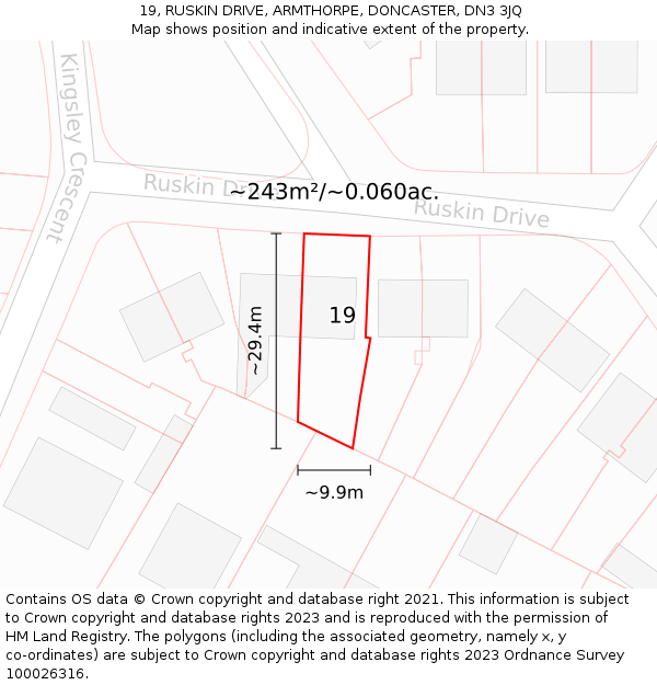 19, RUSKIN DRIVE, ARMTHORPE, DONCASTER, DN3 3JQ: Plot and title map