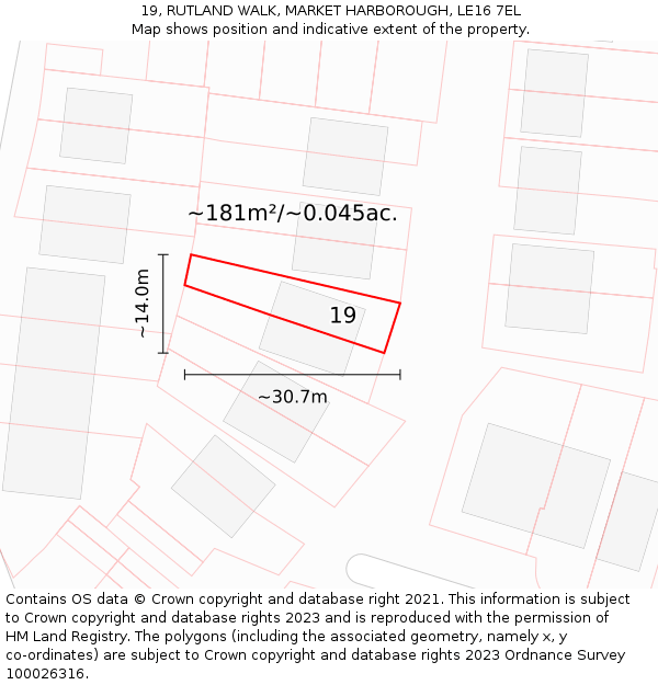 19, RUTLAND WALK, MARKET HARBOROUGH, LE16 7EL: Plot and title map