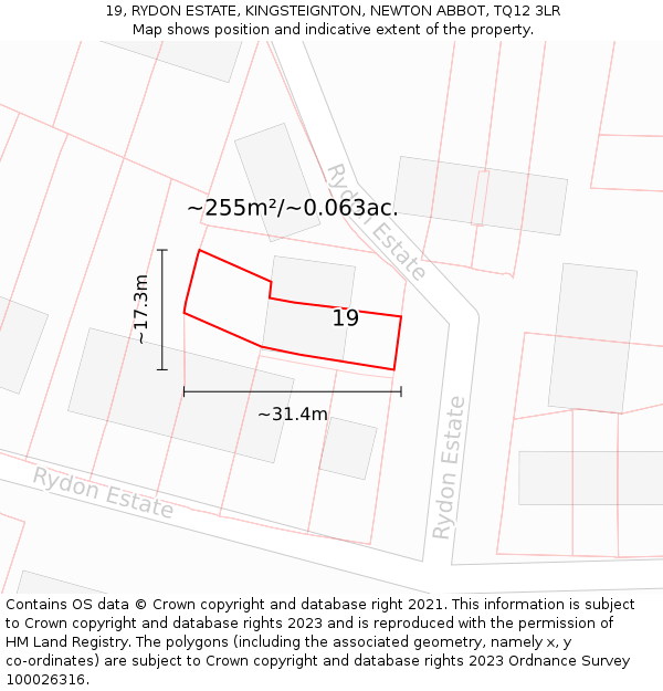 19, RYDON ESTATE, KINGSTEIGNTON, NEWTON ABBOT, TQ12 3LR: Plot and title map