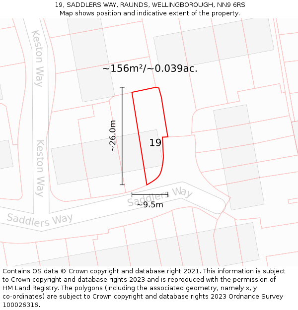 19, SADDLERS WAY, RAUNDS, WELLINGBOROUGH, NN9 6RS: Plot and title map