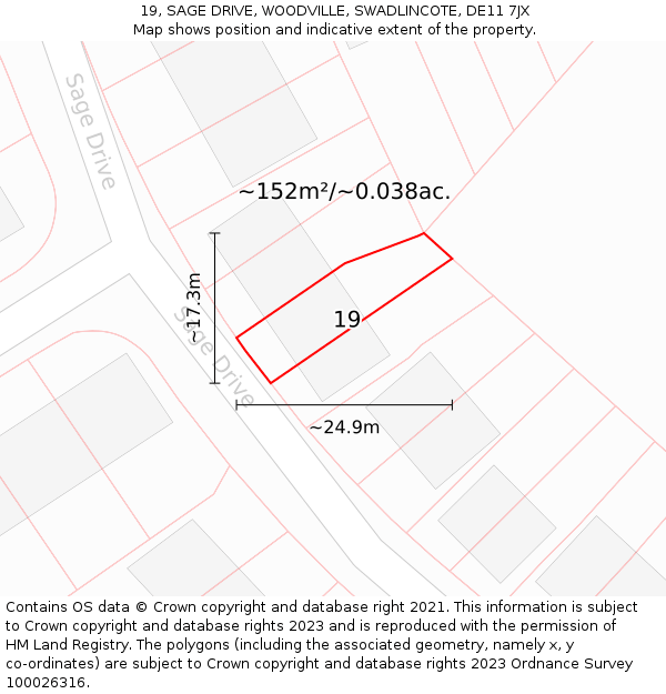 19, SAGE DRIVE, WOODVILLE, SWADLINCOTE, DE11 7JX: Plot and title map
