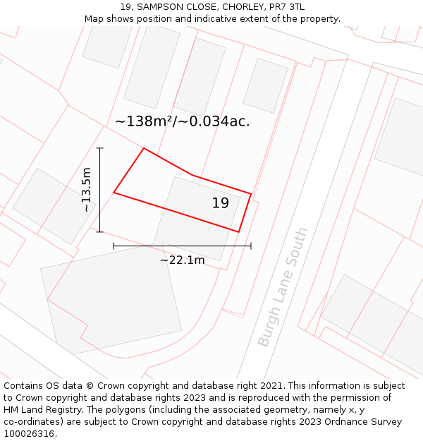 19, SAMPSON CLOSE, CHORLEY, PR7 3TL: Plot and title map