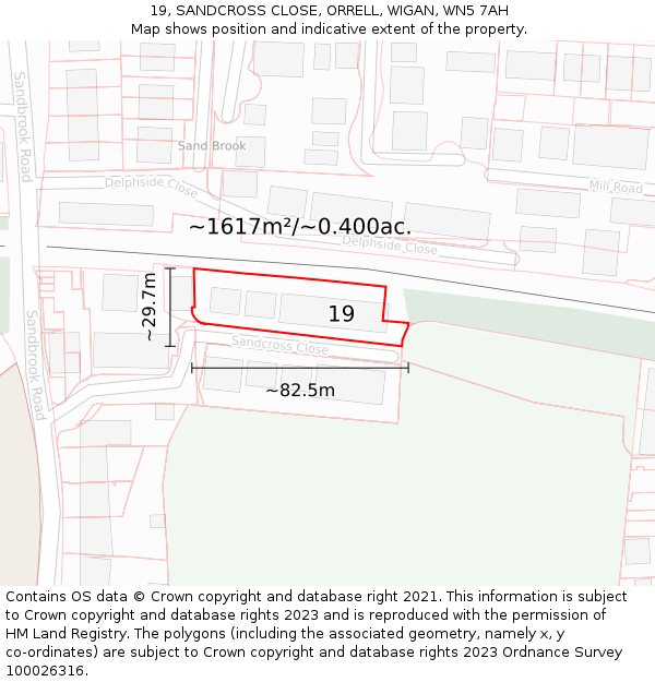 19, SANDCROSS CLOSE, ORRELL, WIGAN, WN5 7AH: Plot and title map