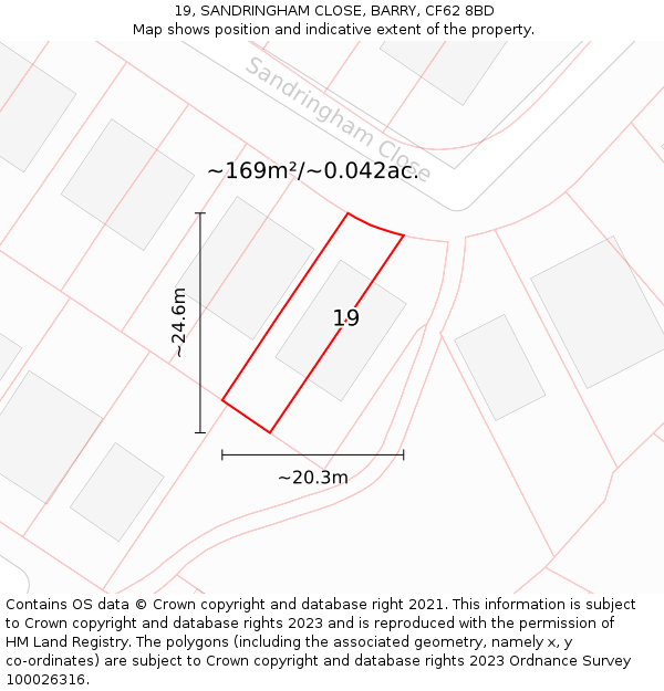 19, SANDRINGHAM CLOSE, BARRY, CF62 8BD: Plot and title map