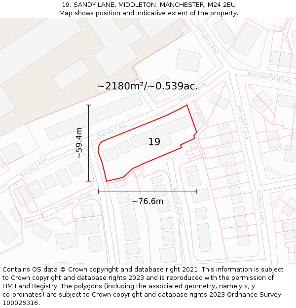 19, SANDY LANE, MIDDLETON, MANCHESTER, M24 2EU: Plot and title map