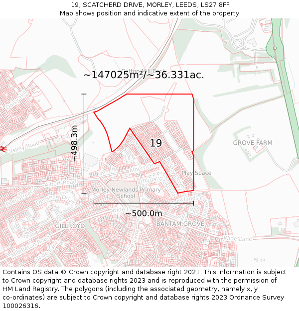 19, SCATCHERD DRIVE, MORLEY, LEEDS, LS27 8FF: Plot and title map