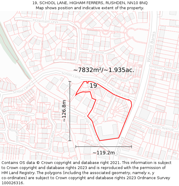 19, SCHOOL LANE, HIGHAM FERRERS, RUSHDEN, NN10 8NQ: Plot and title map