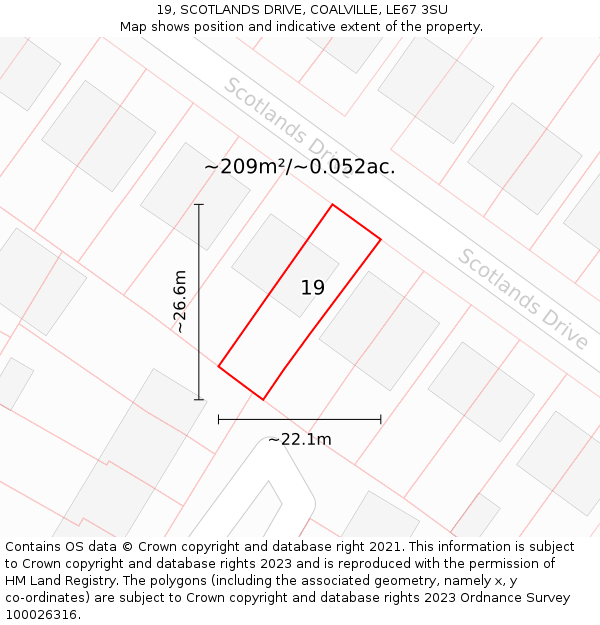 19, SCOTLANDS DRIVE, COALVILLE, LE67 3SU: Plot and title map