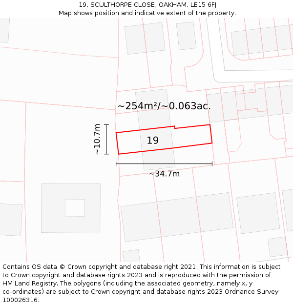 19, SCULTHORPE CLOSE, OAKHAM, LE15 6FJ: Plot and title map