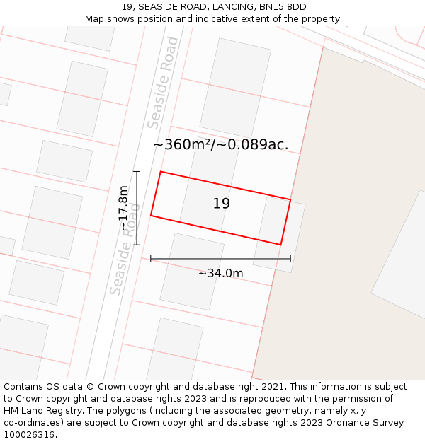 19, SEASIDE ROAD, LANCING, BN15 8DD: Plot and title map