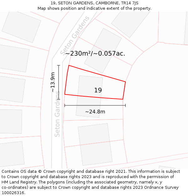19, SETON GARDENS, CAMBORNE, TR14 7JS: Plot and title map