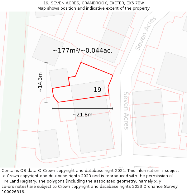 19, SEVEN ACRES, CRANBROOK, EXETER, EX5 7BW: Plot and title map