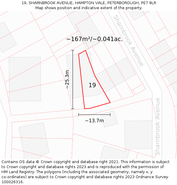 19, SHARNBROOK AVENUE, HAMPTON VALE, PETERBOROUGH, PE7 8LR: Plot and title map