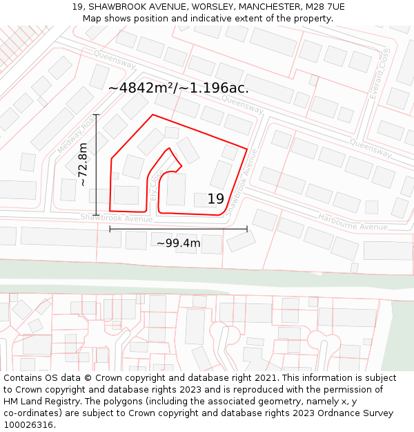 19, SHAWBROOK AVENUE, WORSLEY, MANCHESTER, M28 7UE: Plot and title map