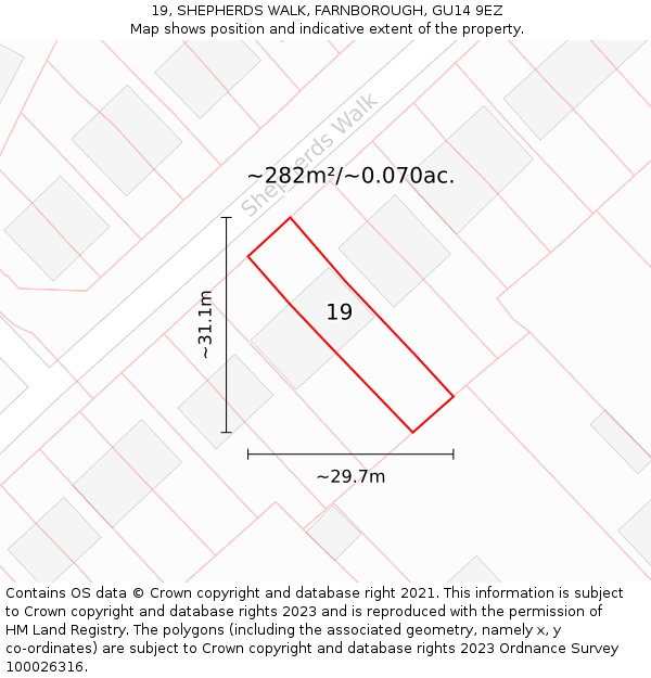 19, SHEPHERDS WALK, FARNBOROUGH, GU14 9EZ: Plot and title map