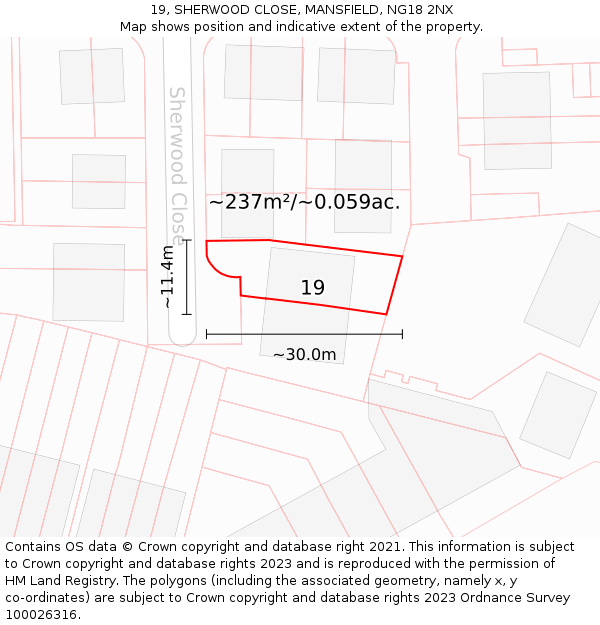 19, SHERWOOD CLOSE, MANSFIELD, NG18 2NX: Plot and title map
