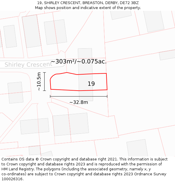 19, SHIRLEY CRESCENT, BREASTON, DERBY, DE72 3BZ: Plot and title map