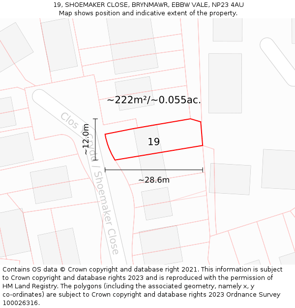 19, SHOEMAKER CLOSE, BRYNMAWR, EBBW VALE, NP23 4AU: Plot and title map
