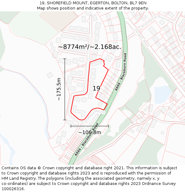 19, SHOREFIELD MOUNT, EGERTON, BOLTON, BL7 9EN: Plot and title map