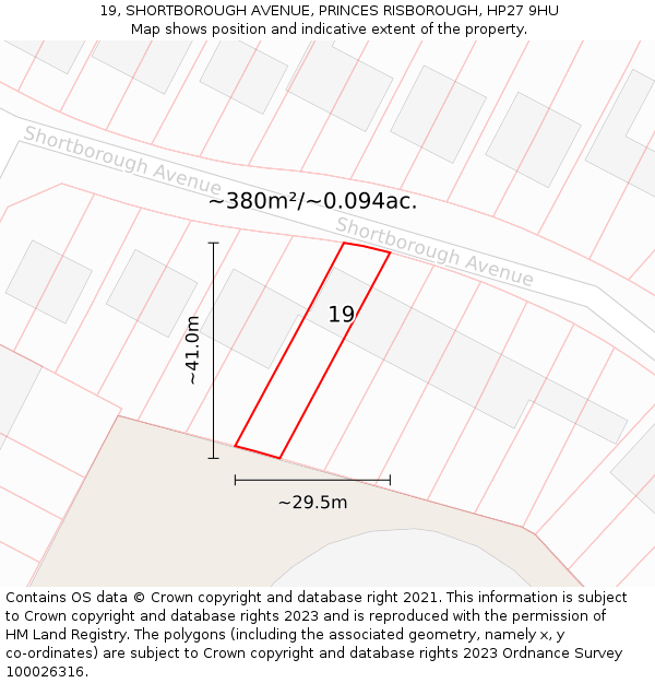 19, SHORTBOROUGH AVENUE, PRINCES RISBOROUGH, HP27 9HU: Plot and title map