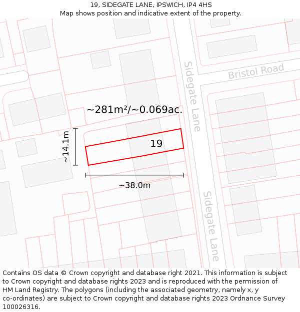 19, SIDEGATE LANE, IPSWICH, IP4 4HS: Plot and title map