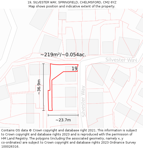 19, SILVESTER WAY, SPRINGFIELD, CHELMSFORD, CM2 6YZ: Plot and title map