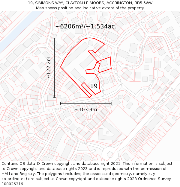 19, SIMMONS WAY, CLAYTON LE MOORS, ACCRINGTON, BB5 5WW: Plot and title map
