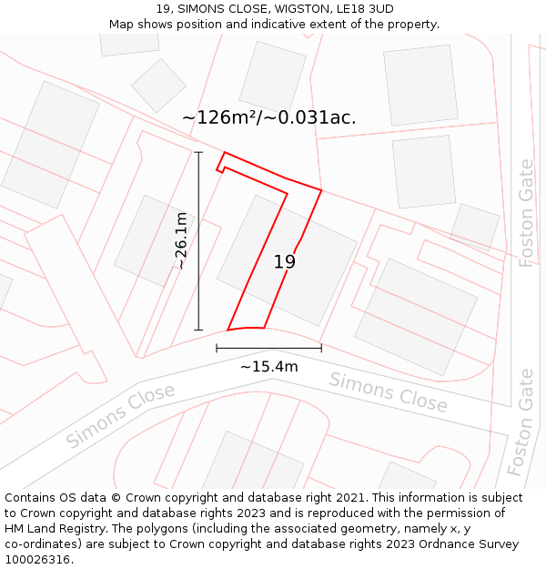 19, SIMONS CLOSE, WIGSTON, LE18 3UD: Plot and title map