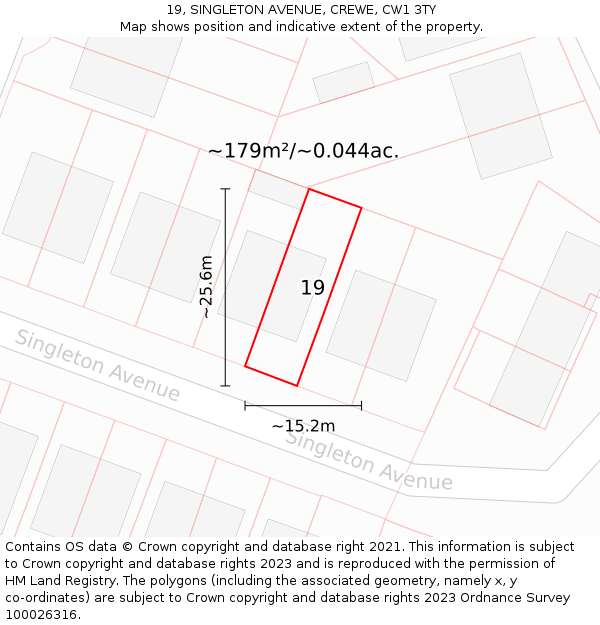 19, SINGLETON AVENUE, CREWE, CW1 3TY: Plot and title map