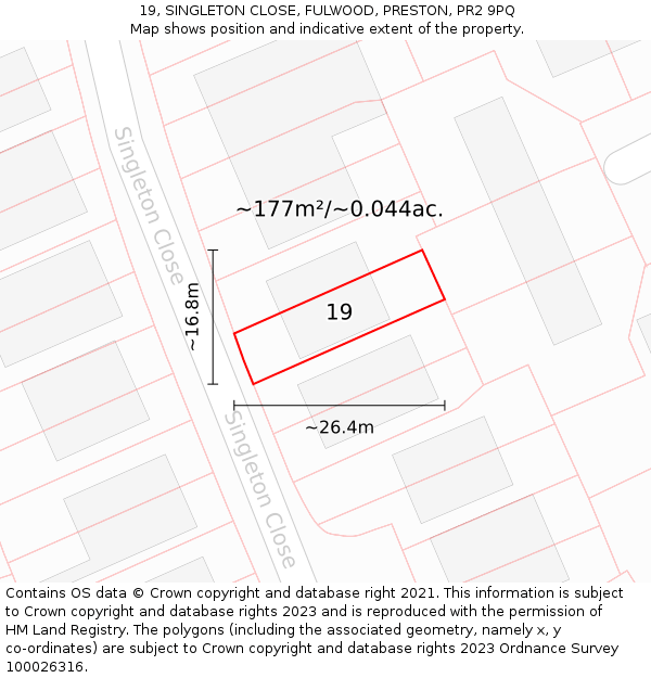 19, SINGLETON CLOSE, FULWOOD, PRESTON, PR2 9PQ: Plot and title map