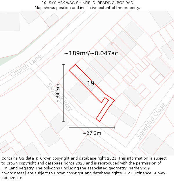 19, SKYLARK WAY, SHINFIELD, READING, RG2 9AD: Plot and title map