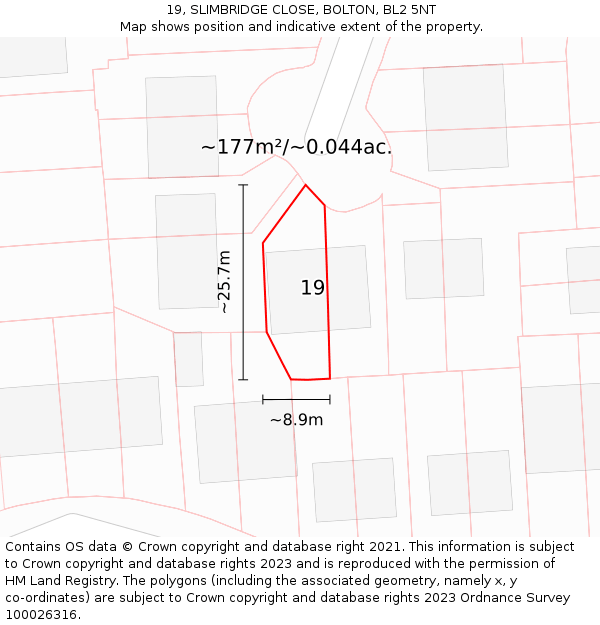 19, SLIMBRIDGE CLOSE, BOLTON, BL2 5NT: Plot and title map