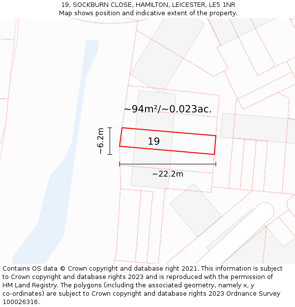 19, SOCKBURN CLOSE, HAMILTON, LEICESTER, LE5 1NR: Plot and title map