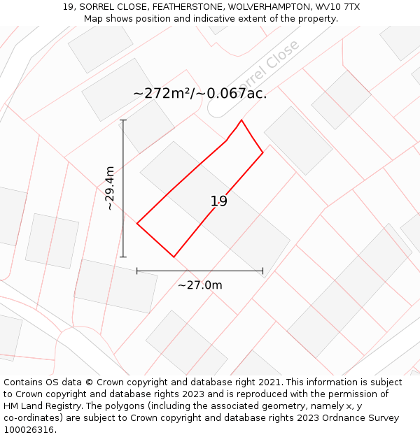 19, SORREL CLOSE, FEATHERSTONE, WOLVERHAMPTON, WV10 7TX: Plot and title map