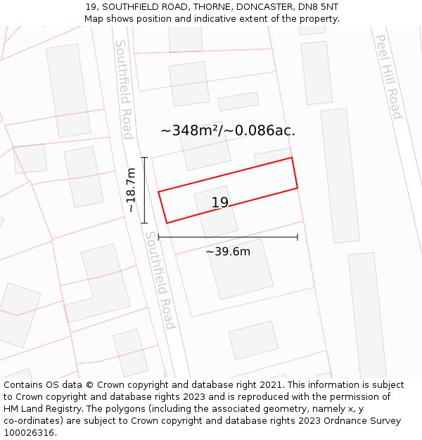 19, SOUTHFIELD ROAD, THORNE, DONCASTER, DN8 5NT: Plot and title map