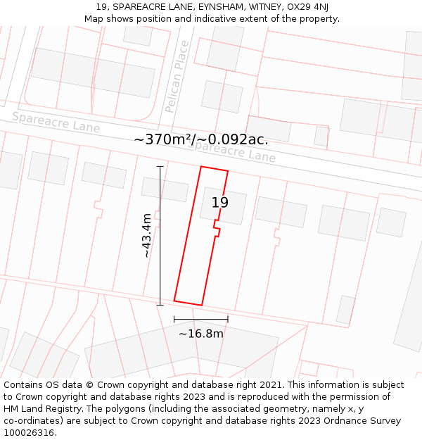 19, SPAREACRE LANE, EYNSHAM, WITNEY, OX29 4NJ: Plot and title map
