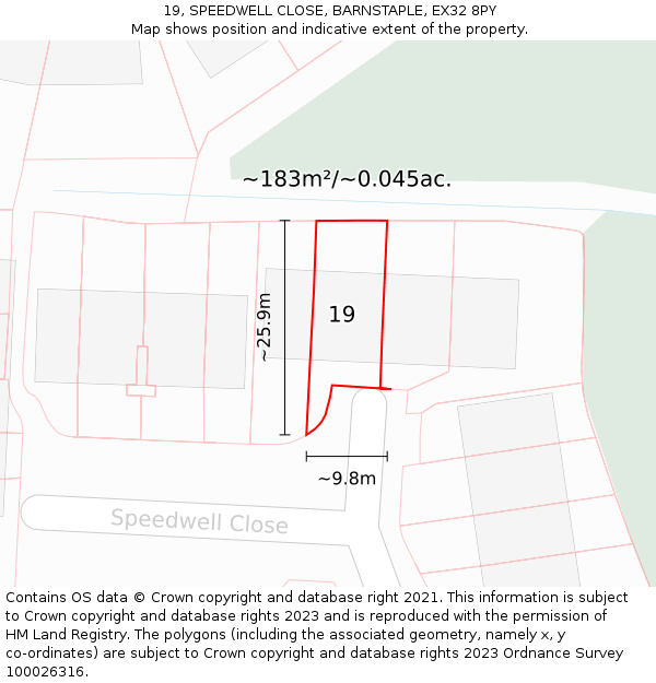 19, SPEEDWELL CLOSE, BARNSTAPLE, EX32 8PY: Plot and title map