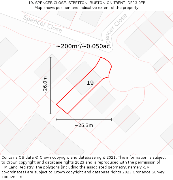 19, SPENCER CLOSE, STRETTON, BURTON-ON-TRENT, DE13 0ER: Plot and title map