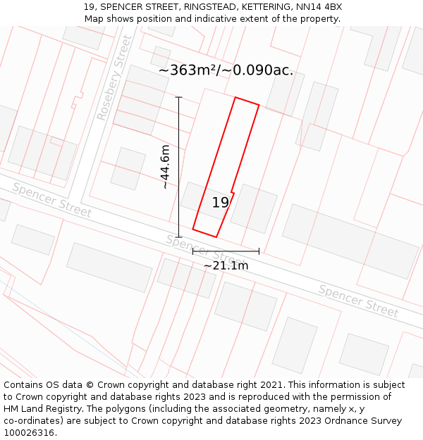 19, SPENCER STREET, RINGSTEAD, KETTERING, NN14 4BX: Plot and title map