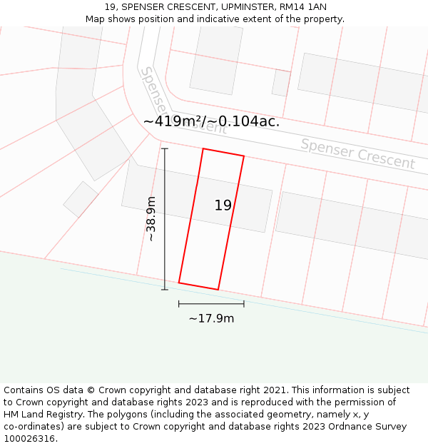 19, SPENSER CRESCENT, UPMINSTER, RM14 1AN: Plot and title map