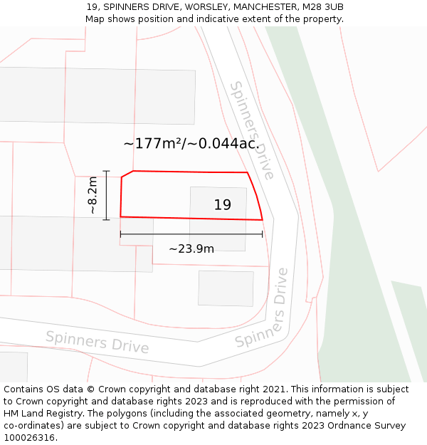 19, SPINNERS DRIVE, WORSLEY, MANCHESTER, M28 3UB: Plot and title map