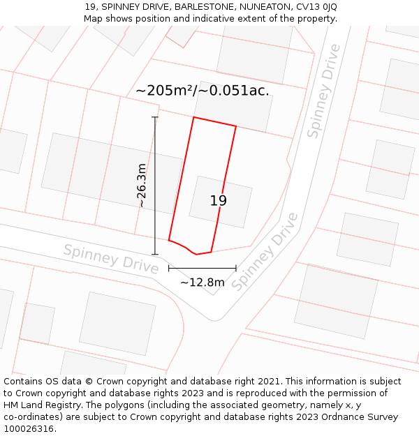 19, SPINNEY DRIVE, BARLESTONE, NUNEATON, CV13 0JQ: Plot and title map