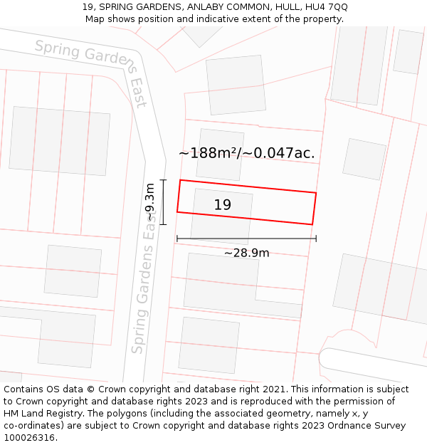 19, SPRING GARDENS, ANLABY COMMON, HULL, HU4 7QQ: Plot and title map