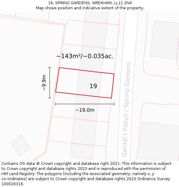 19, SPRING GARDENS, WREXHAM, LL11 2NX: Plot and title map