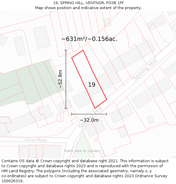 19, SPRING HILL, VENTNOR, PO38 1PF: Plot and title map