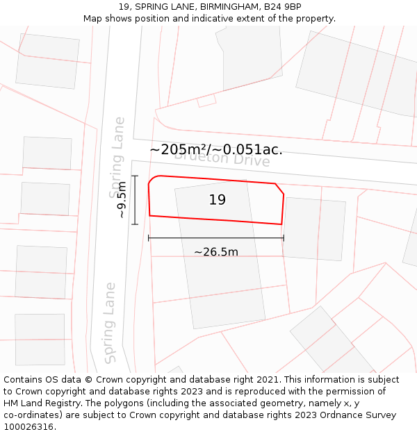 19, SPRING LANE, BIRMINGHAM, B24 9BP: Plot and title map